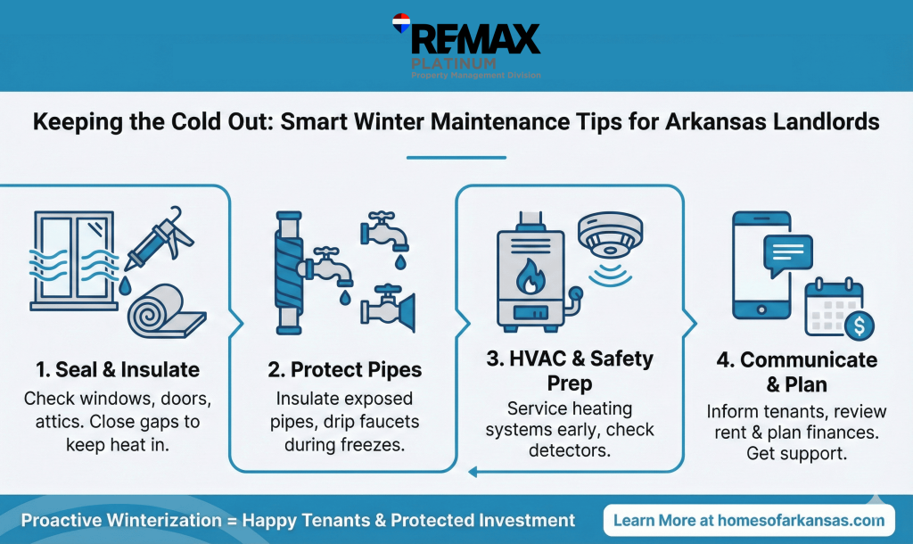 Infographic detailing 4 essential winter maintenance tips for Arkansas landlords from RE/MAX Platinum Property Management Division, covering sealing and insulation, pipe protection, HVAC and safety system preparation, and tenant communication.